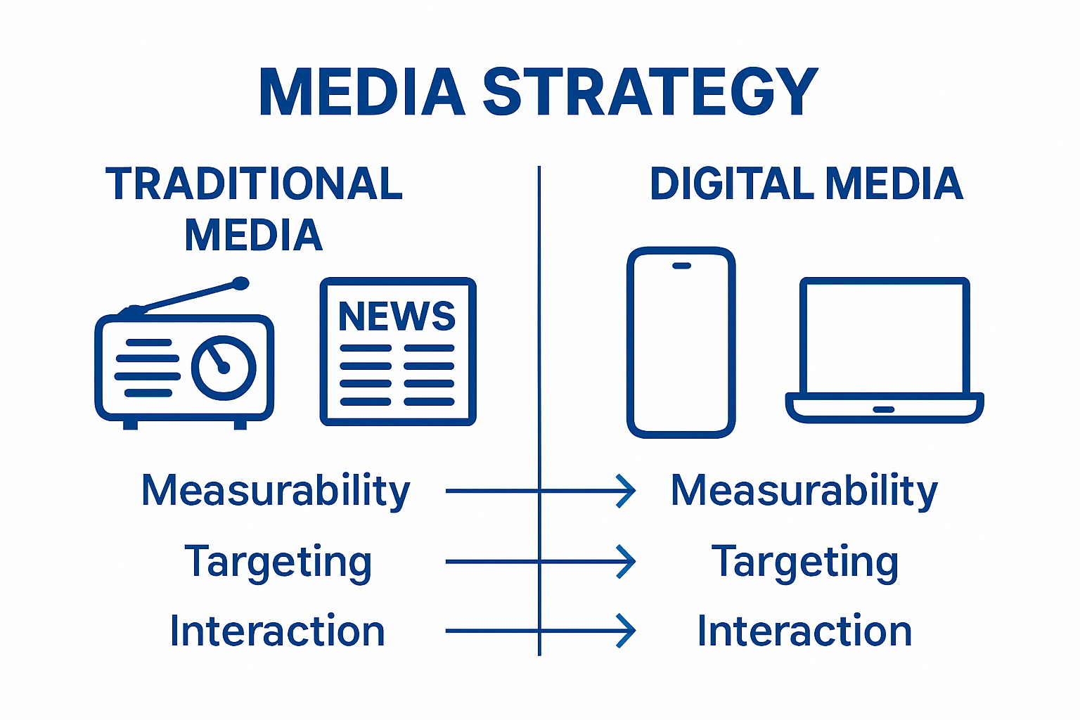 Infographic comparing traditional media and digital media strategy with icons and simple labels