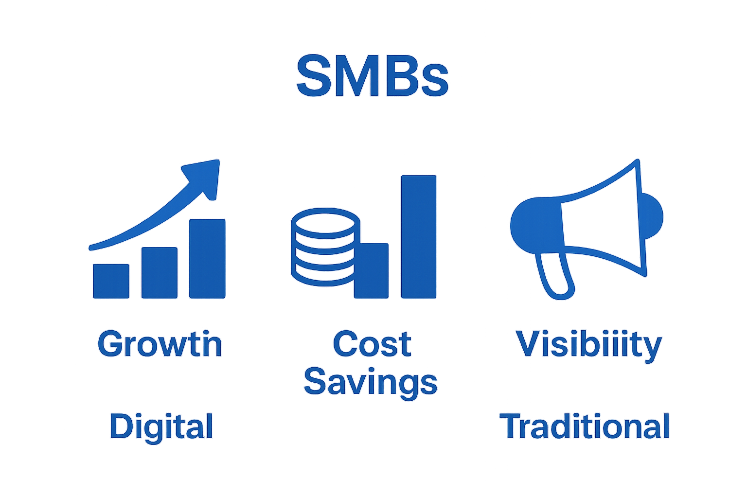 Infographic comparing growth, cost, and visibility for SMBs using digital vs traditional marketing