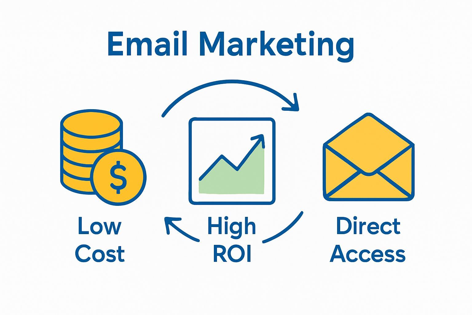Infographic showing low cost, high ROI, and direct communication in email marketing