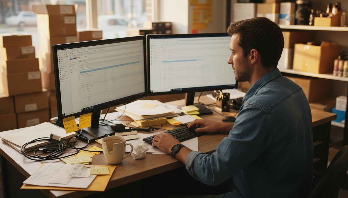 Shop manager updating CRM dashboard on monitors