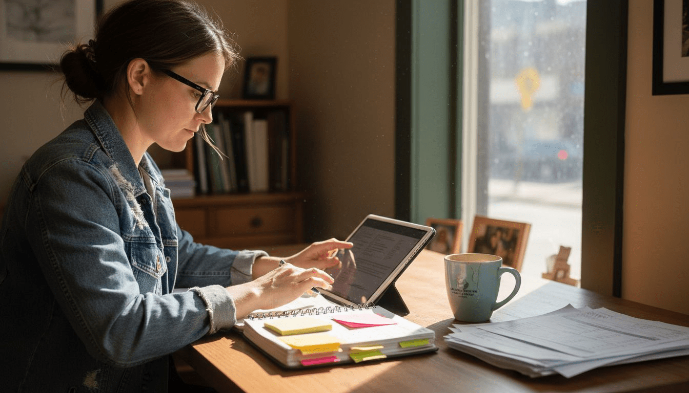 Small business owner using CRM tablet at desk