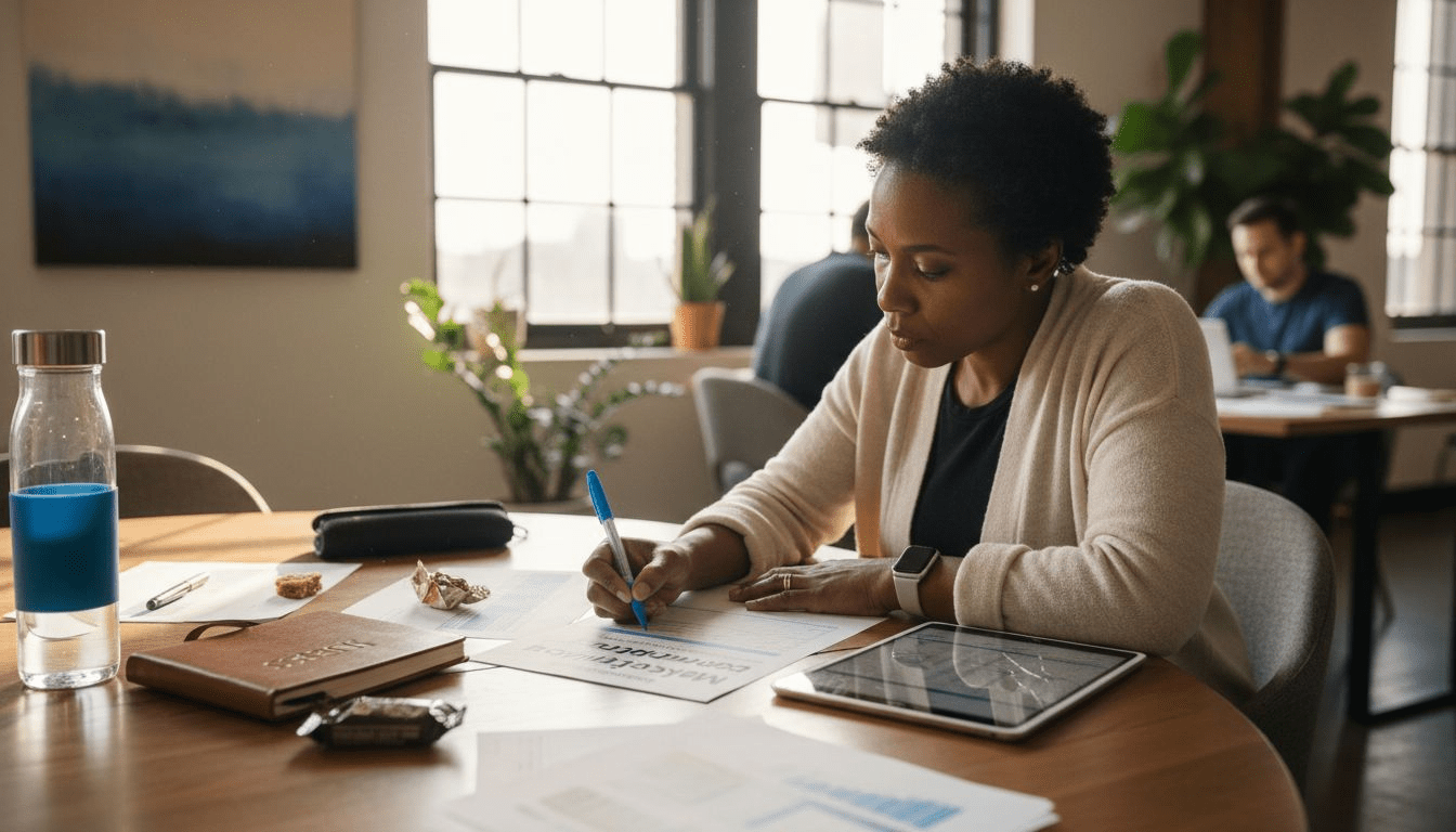 Business owner comparing marketing tool features