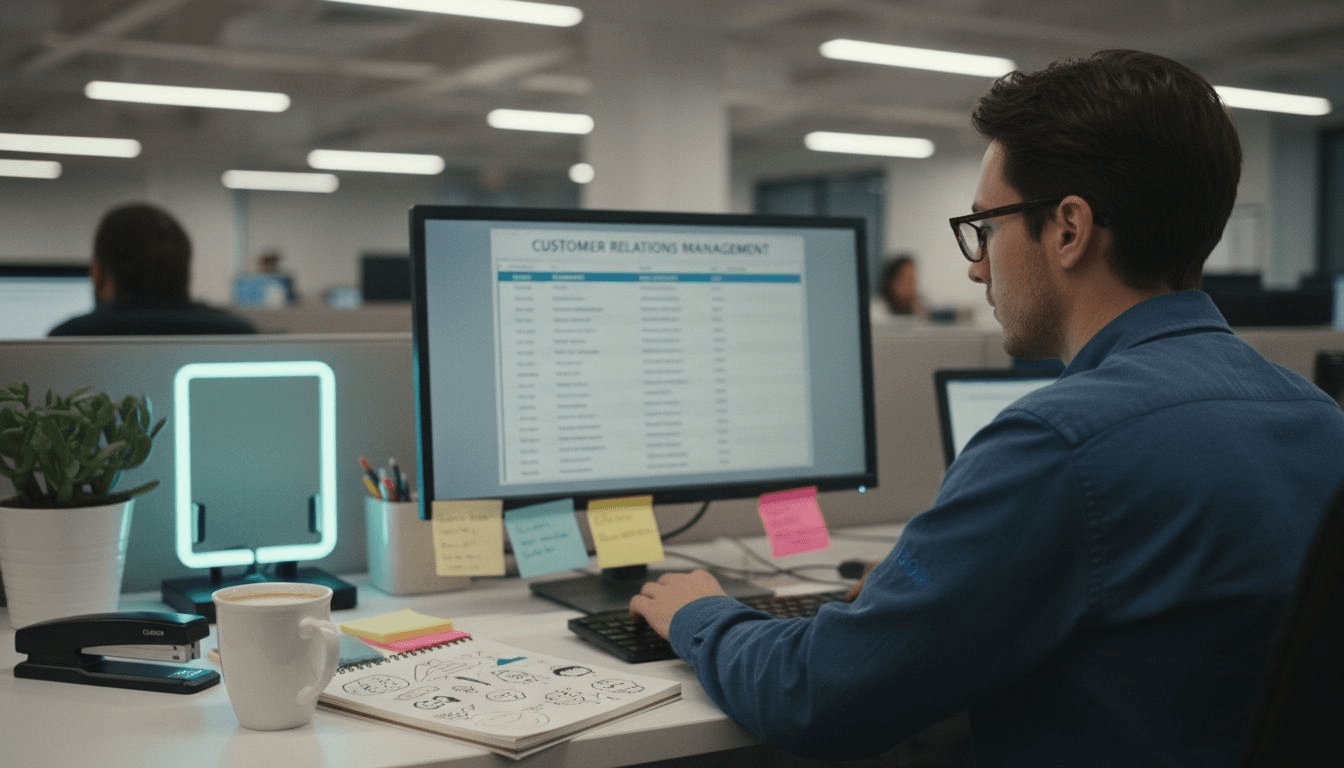 User at desk managing CRM contact list