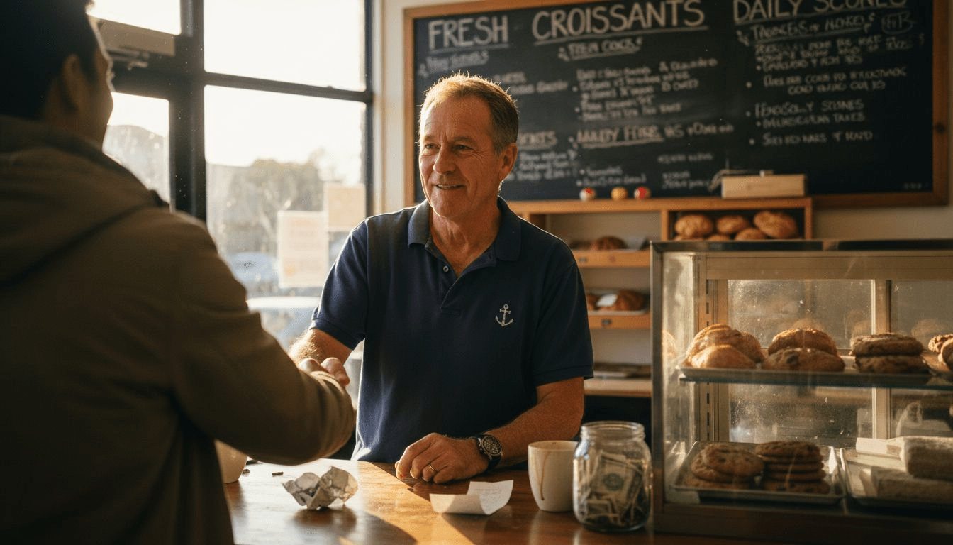 Shop owner greeting customer at bakery counter