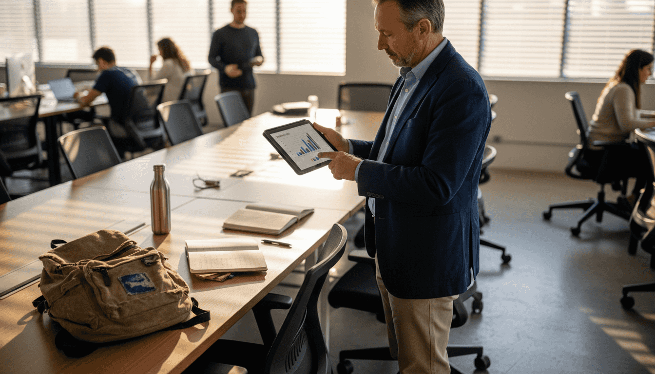 Man checks marketing platform analytics in coworking space