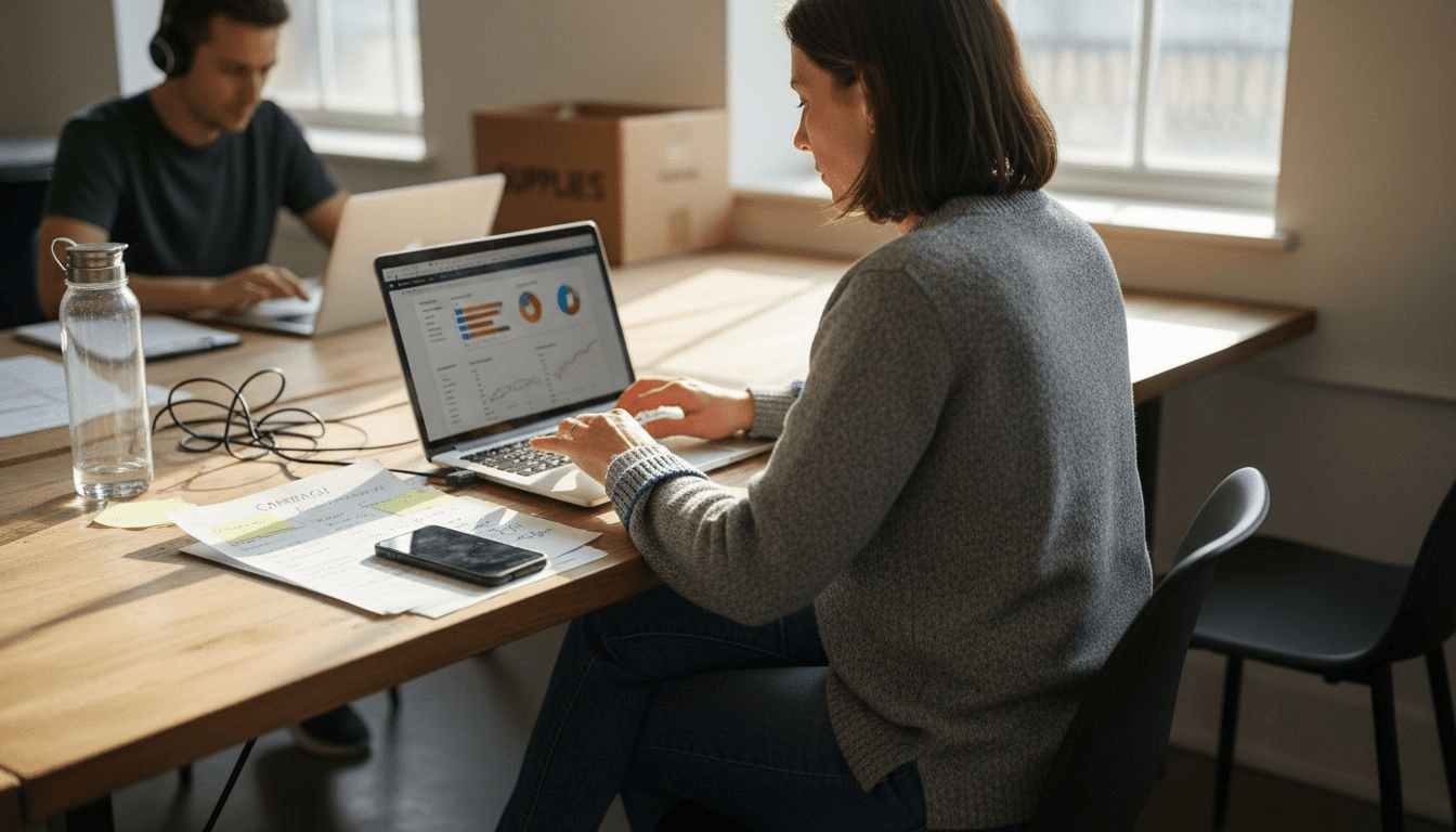 Business owner reviews emails and customer stats