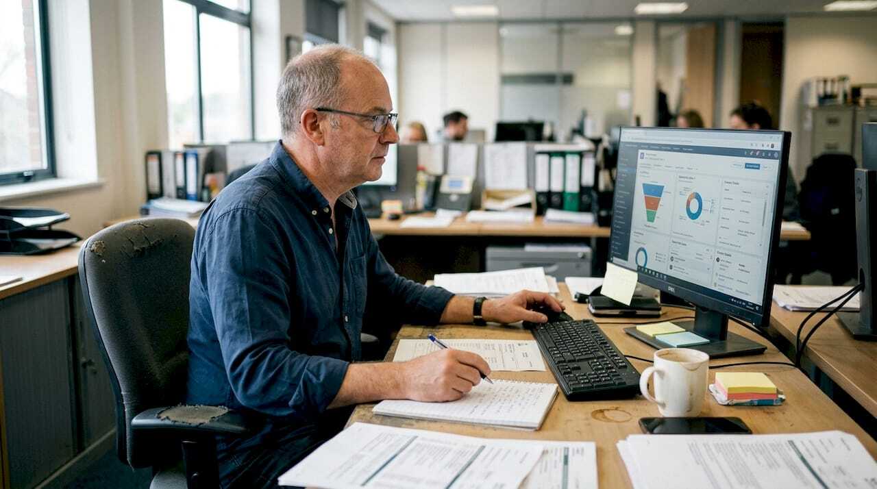 Man reviewing CRM lead management desk