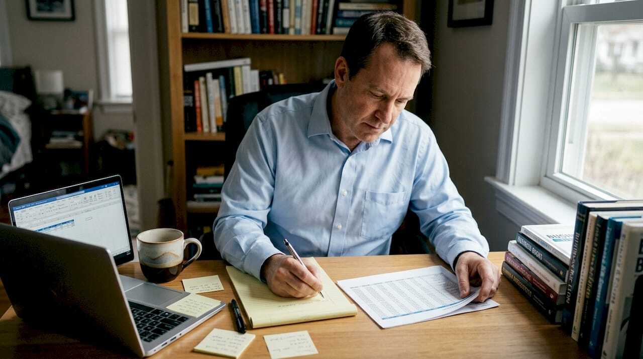 Man reviewing marketing budget at home desk