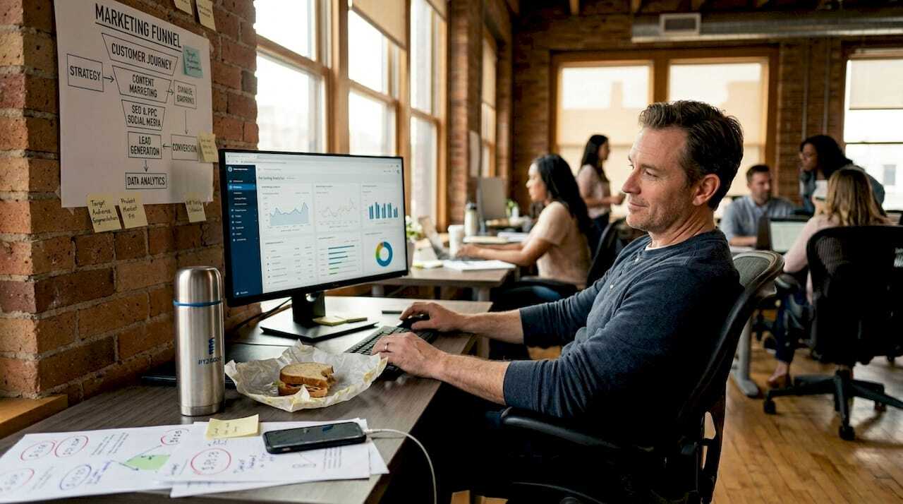 Co-worker reviewing marketing automation results