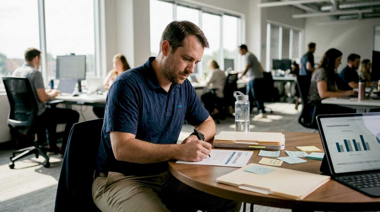 Office manager reviewing SEO audit checklist