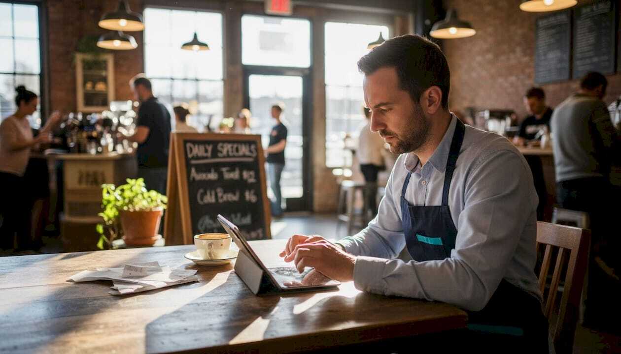 Café manager replying to online review at table