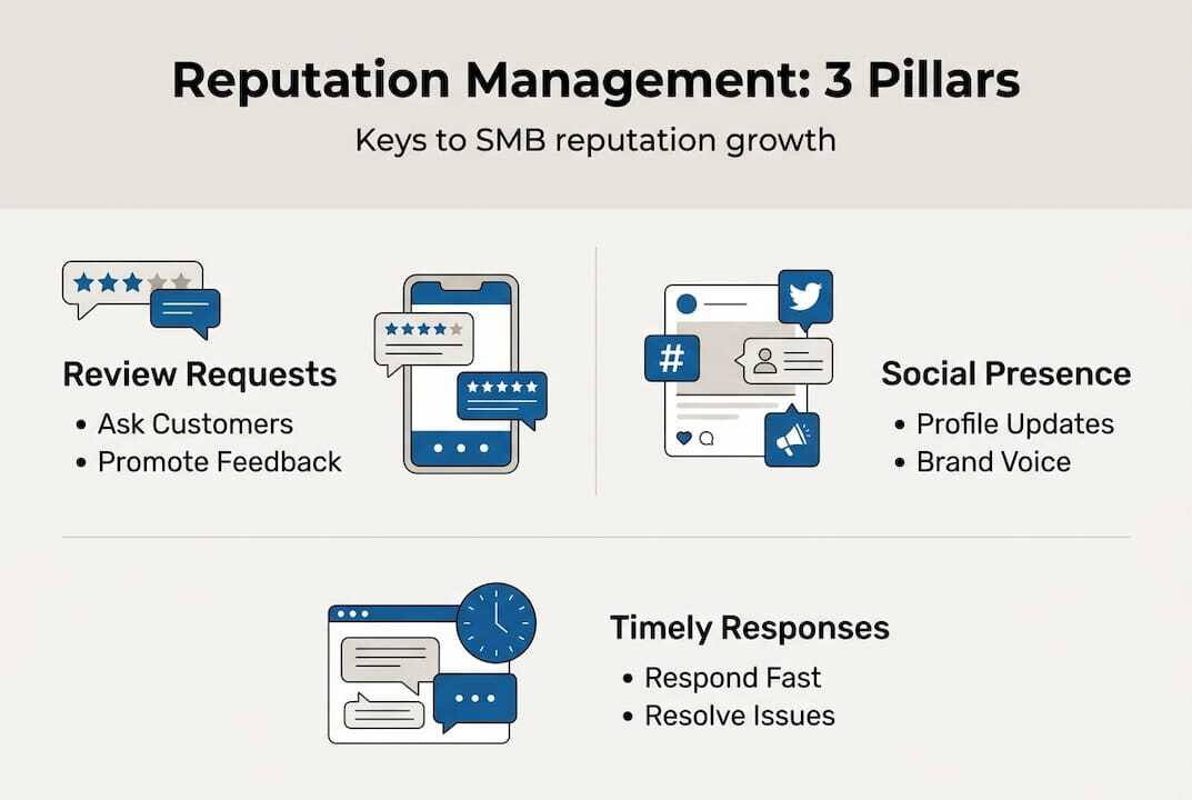 Infographic showing SMB reputation management pillars