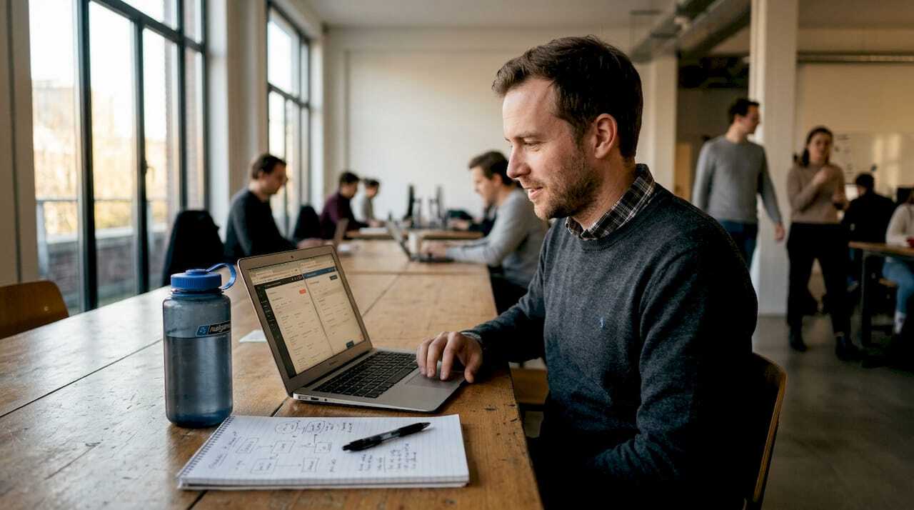 Marketer using automation tools at coworking space