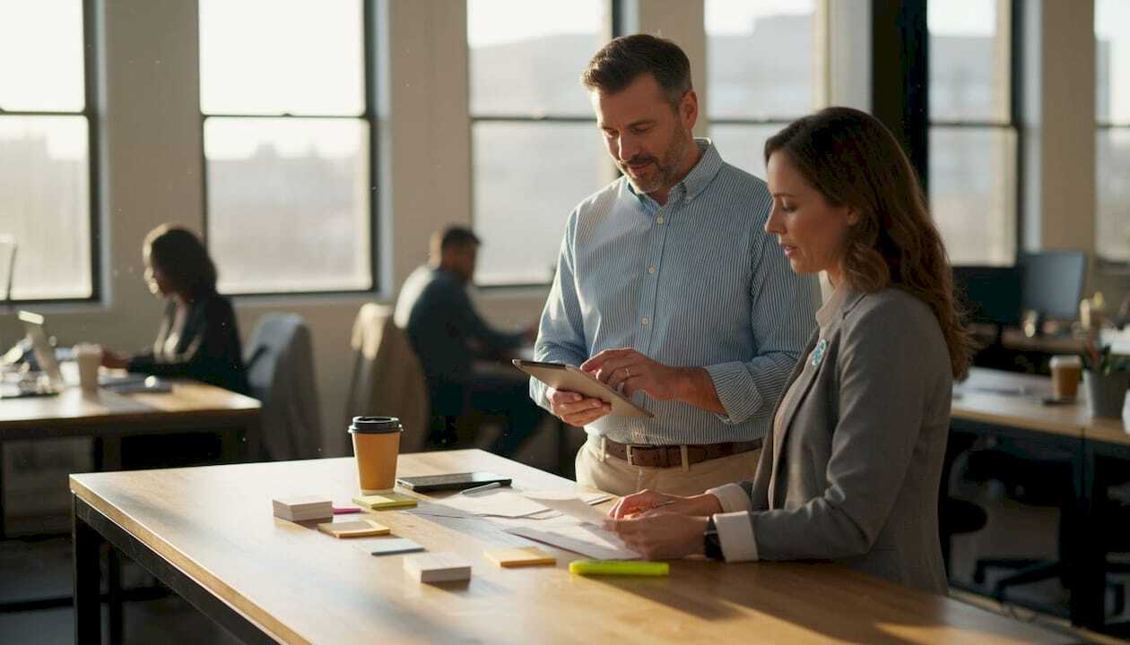 Two coworkers working on automated workflow
