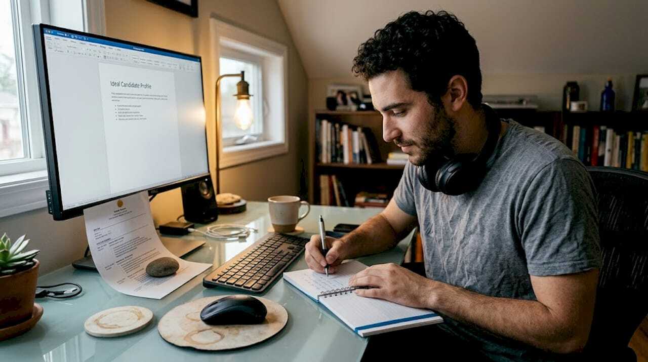 Man creating candidate profile in home office