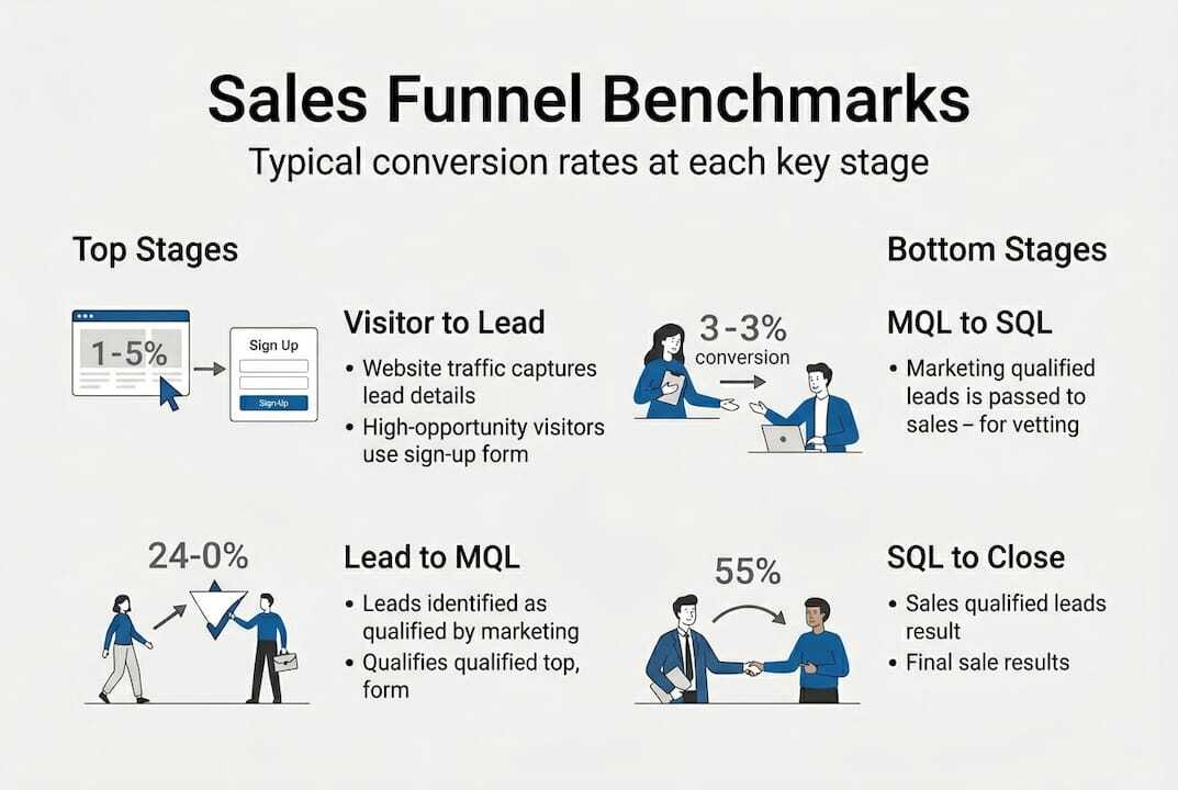 Infographic with sales funnel benchmarks