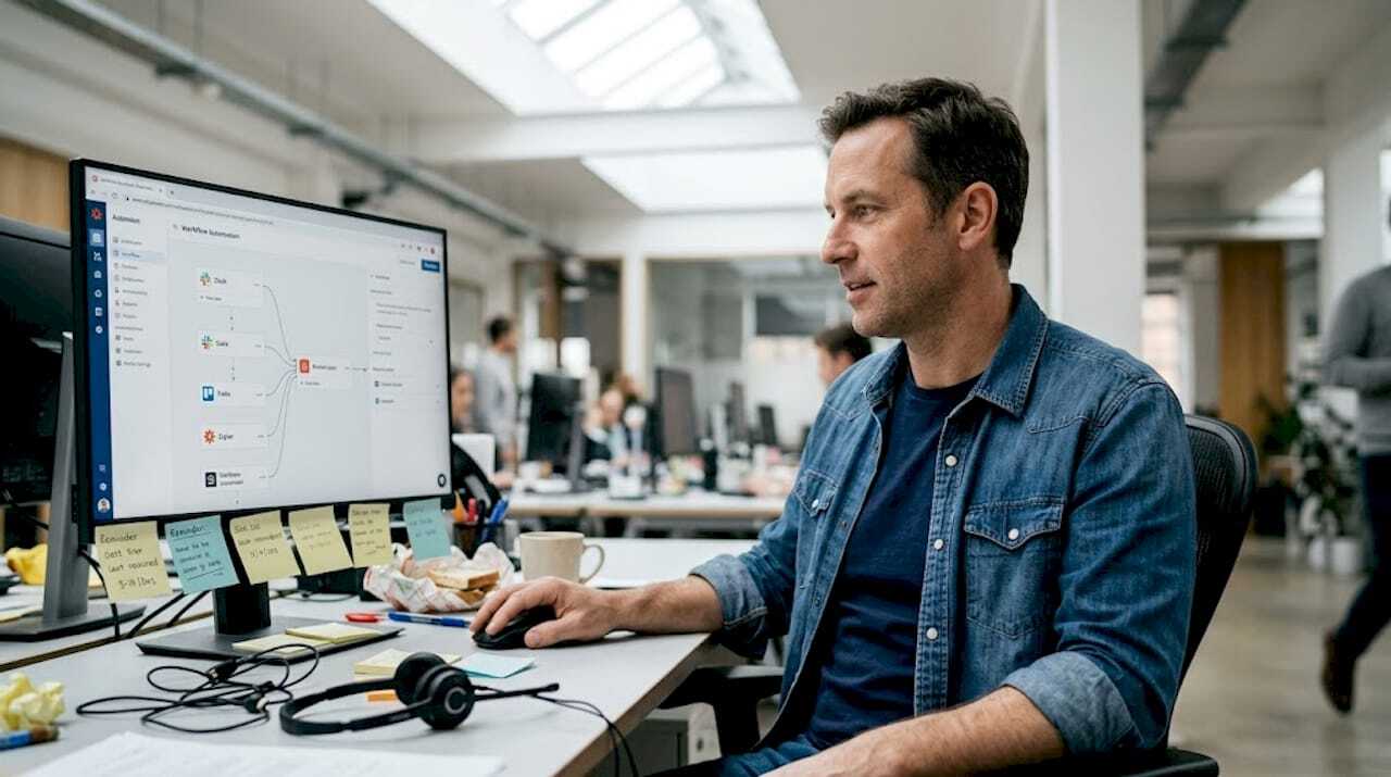 Man managing workflow automations at desk