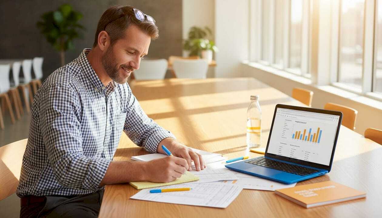 Man segmenting email list at coworking table