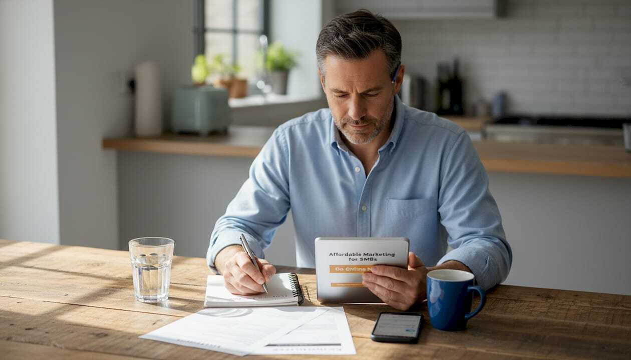 Man planning small business marketing at kitchen table