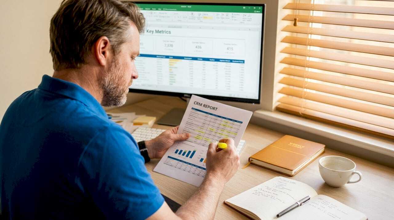 Business owner reviews CRM metrics at desk