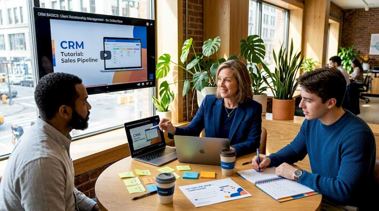 Team watching CRM training in office