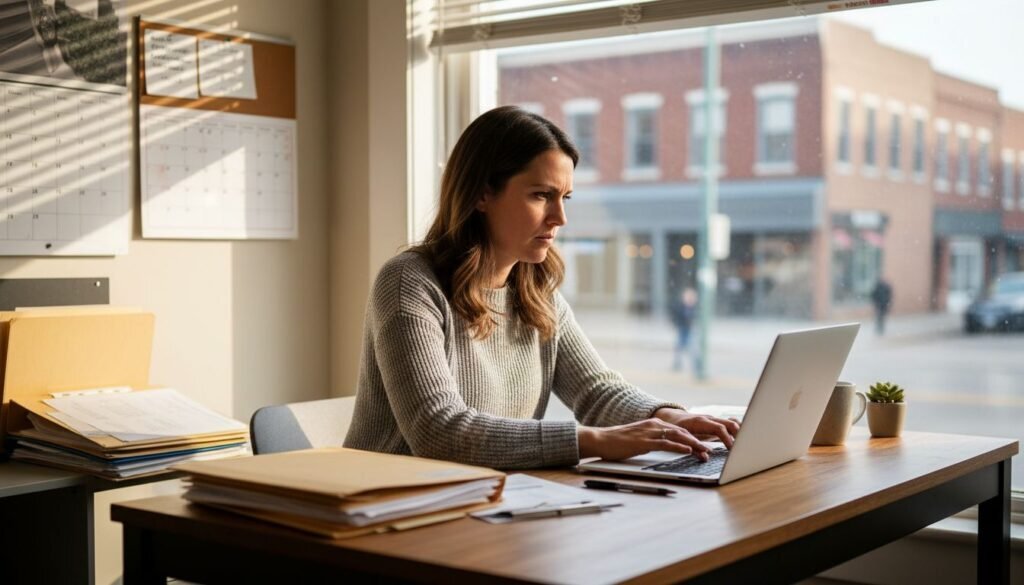 Small business owner updating CRM at desk