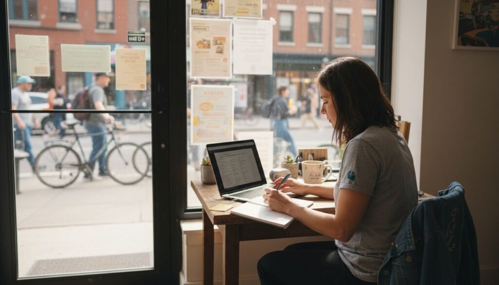 Small business owner checking online reviews