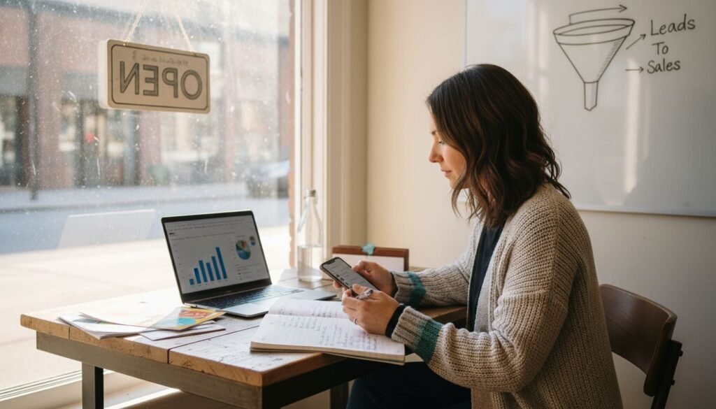 Small business owner reviews digital growth tactics