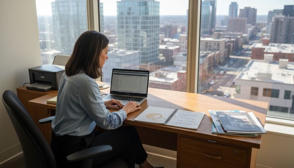 Woman running marketing automation in bright office