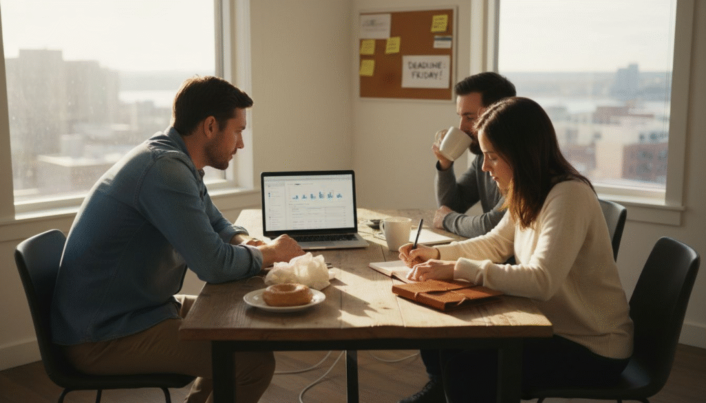 Team discussing CRM in sunlit office corner
