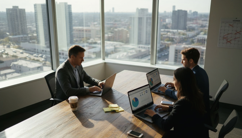 Small business team in CRM office setting