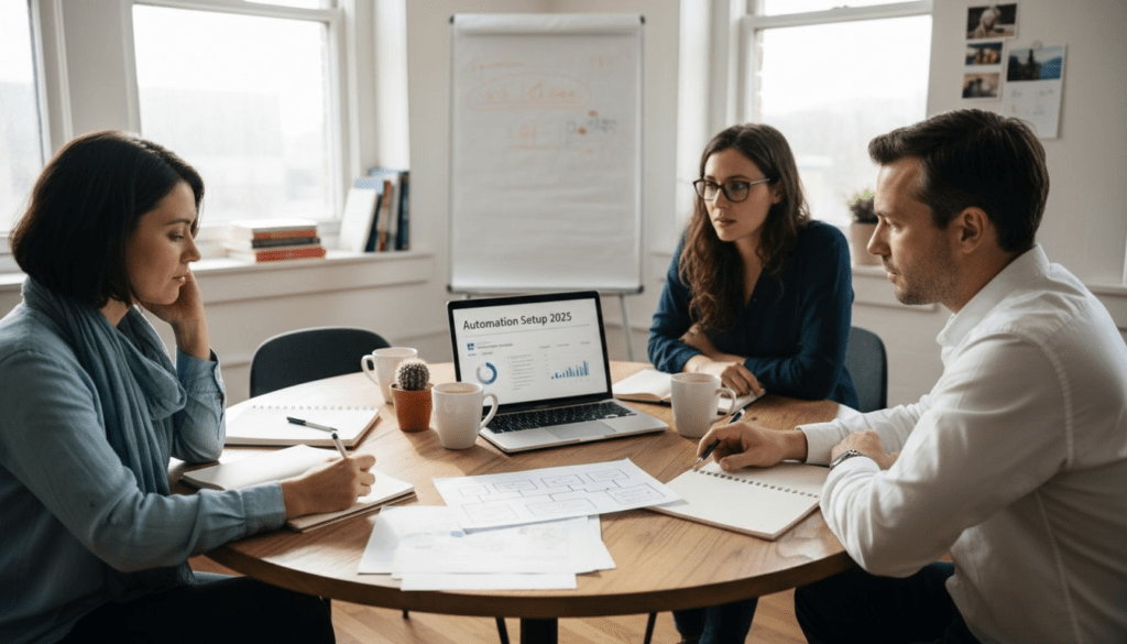 Small business team reviewing marketing workflow