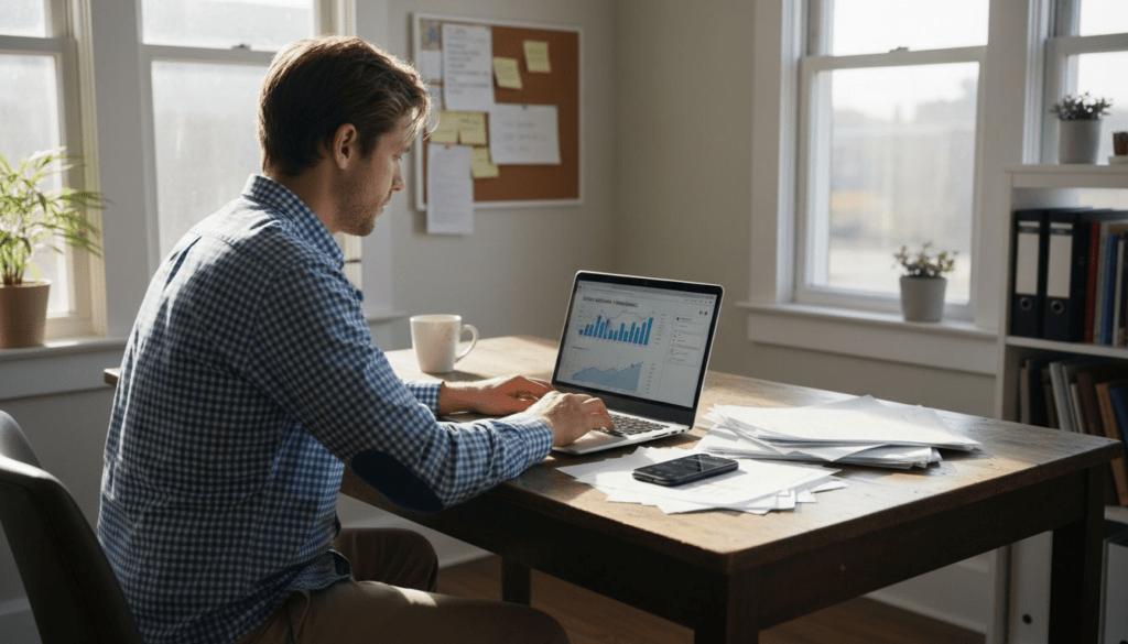 Small business owner at desk planning digital strategy