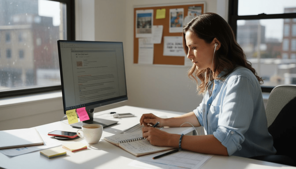 Business owner working on email automation at desk