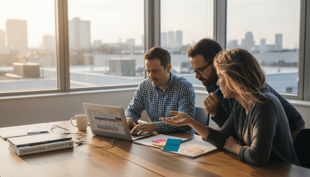 Business owners discussing automation at desk