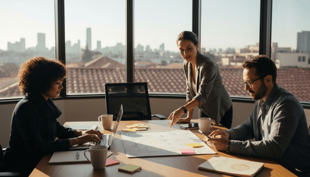 Team collaborating in sunny office on marketing automation