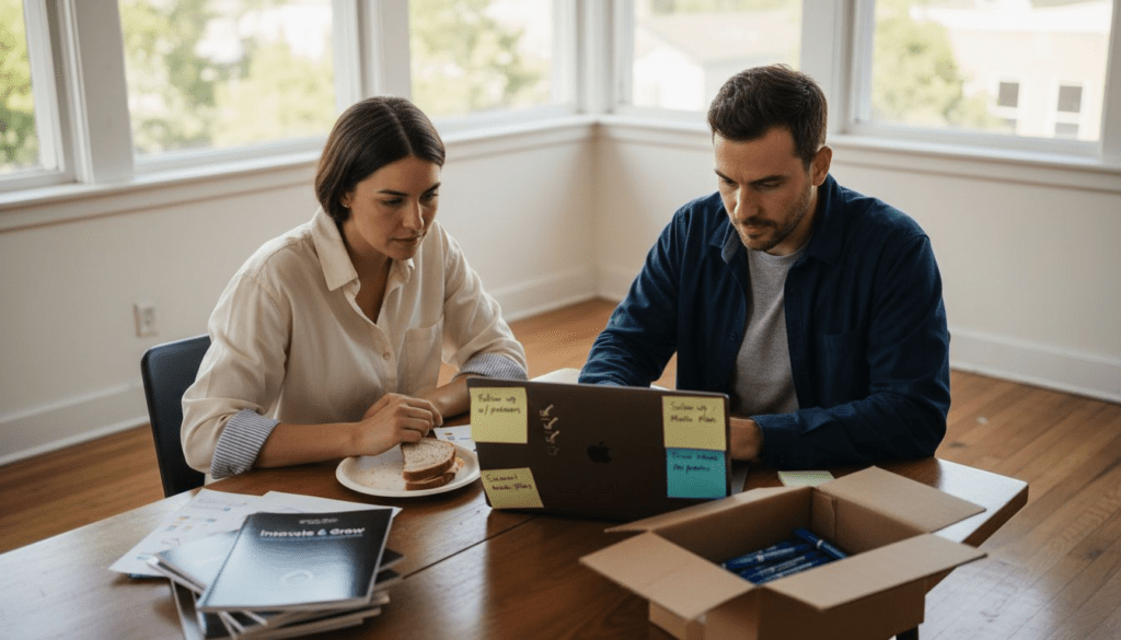 Small business owners reviewing marketing checklist