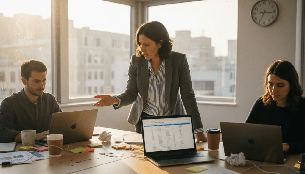 Small team reviewing recruitment software in office