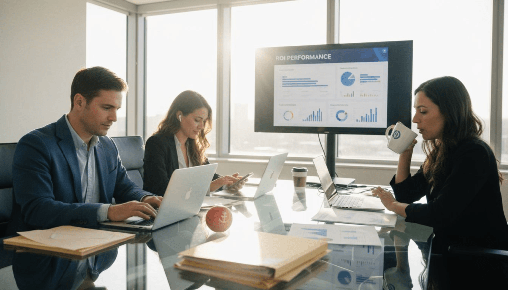 Marketing team reviews campaign ROI results