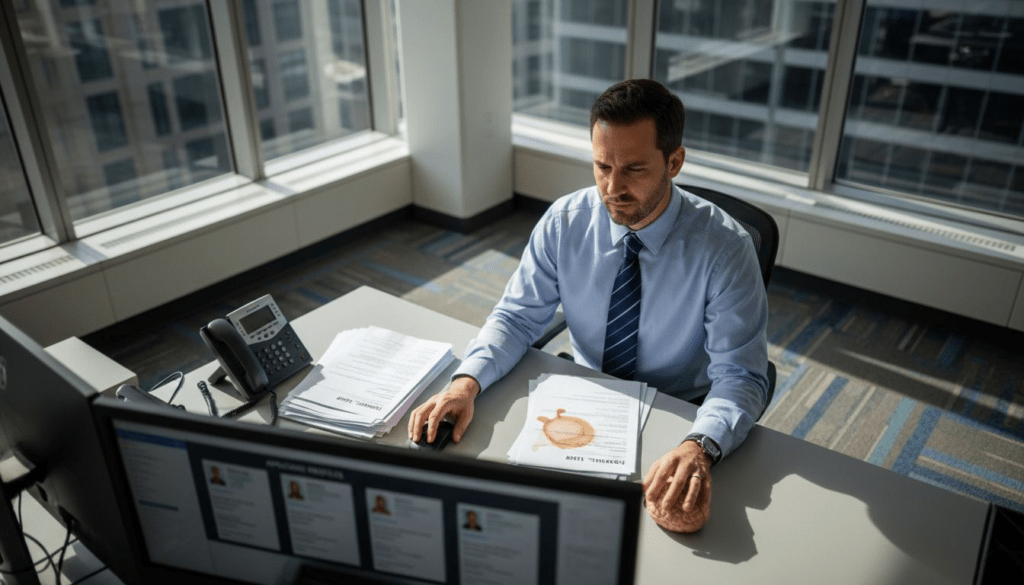 Hiring manager reviewing candidates in tech office
