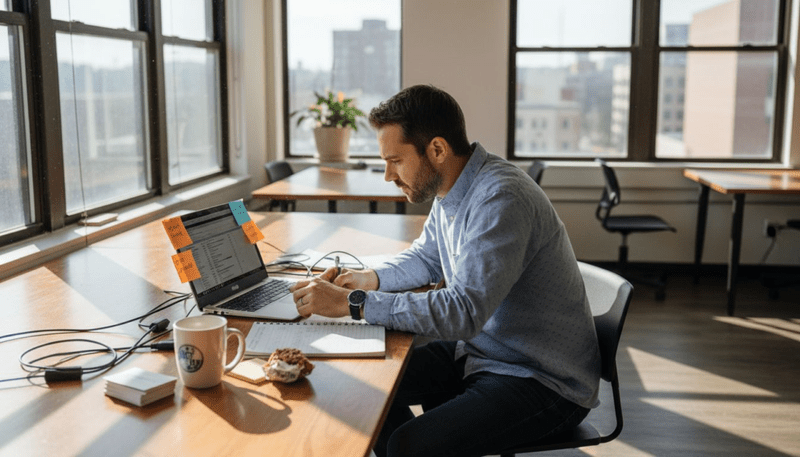 Business owner reviewing CRM and notes