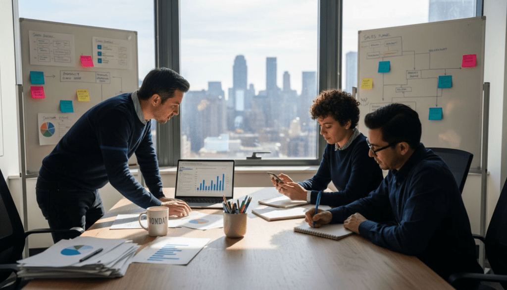 Small business team reviewing marketing automation charts