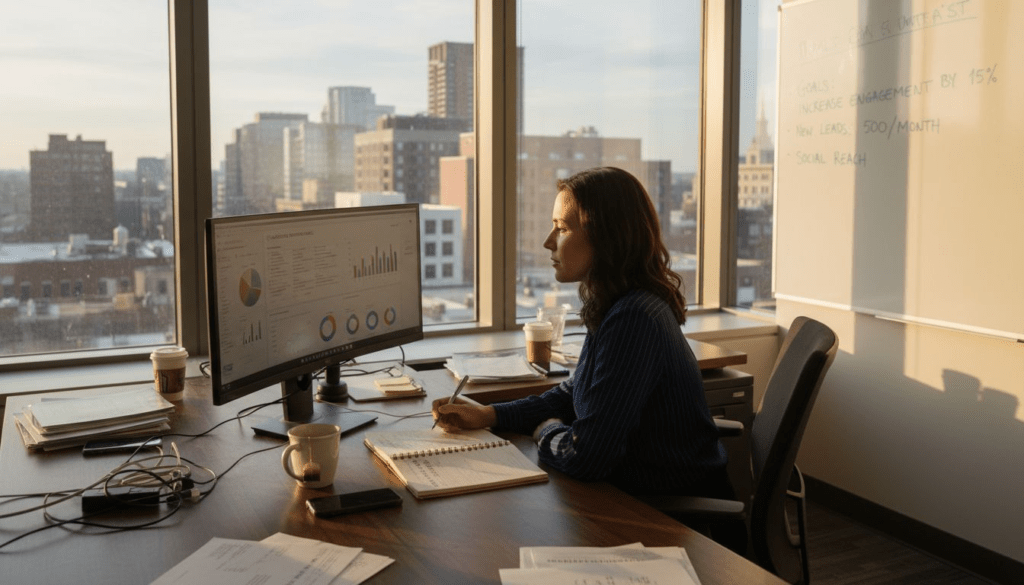 Marketing manager reviews campaign at corner office desk