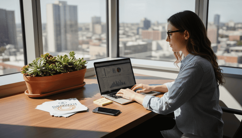 Business owner reviews marketing in corner office