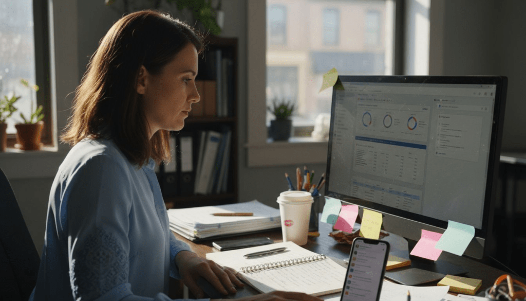 Small business owner at desk with CRM dashboard