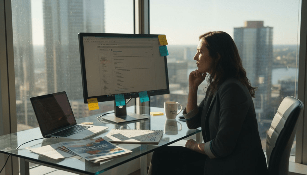 Small business owner reviewing email campaign