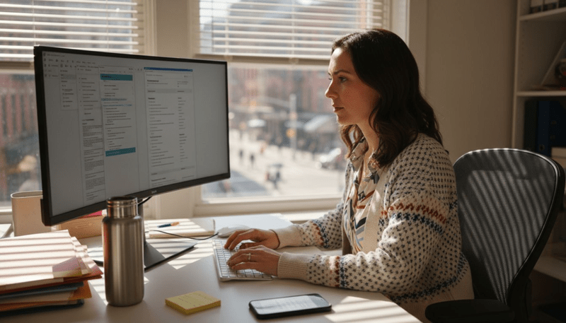 Recruiter reviews resumes on cluttered office desk