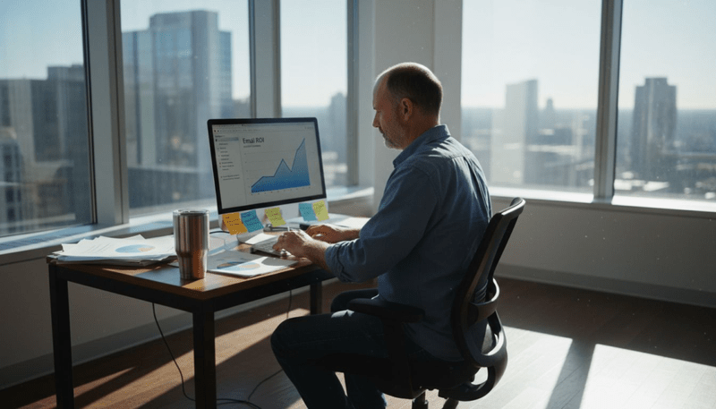 Man running email marketing campaign in office