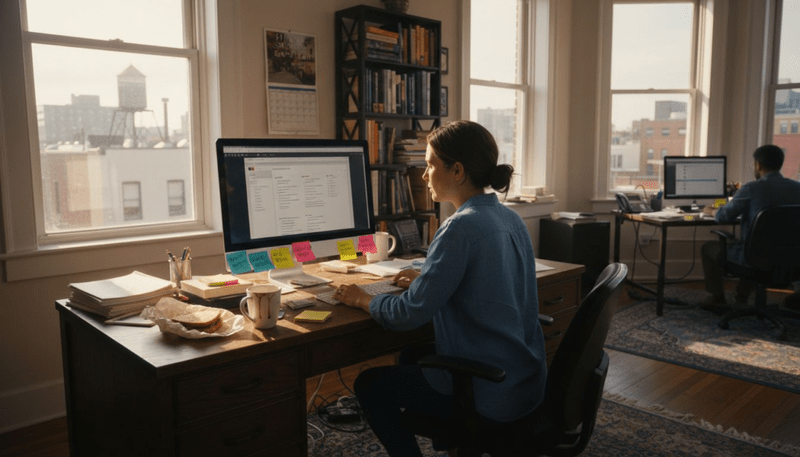 SMB manager reviewing resumes in busy office