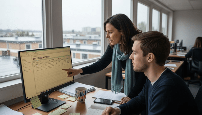 Two small business employees using CRM software